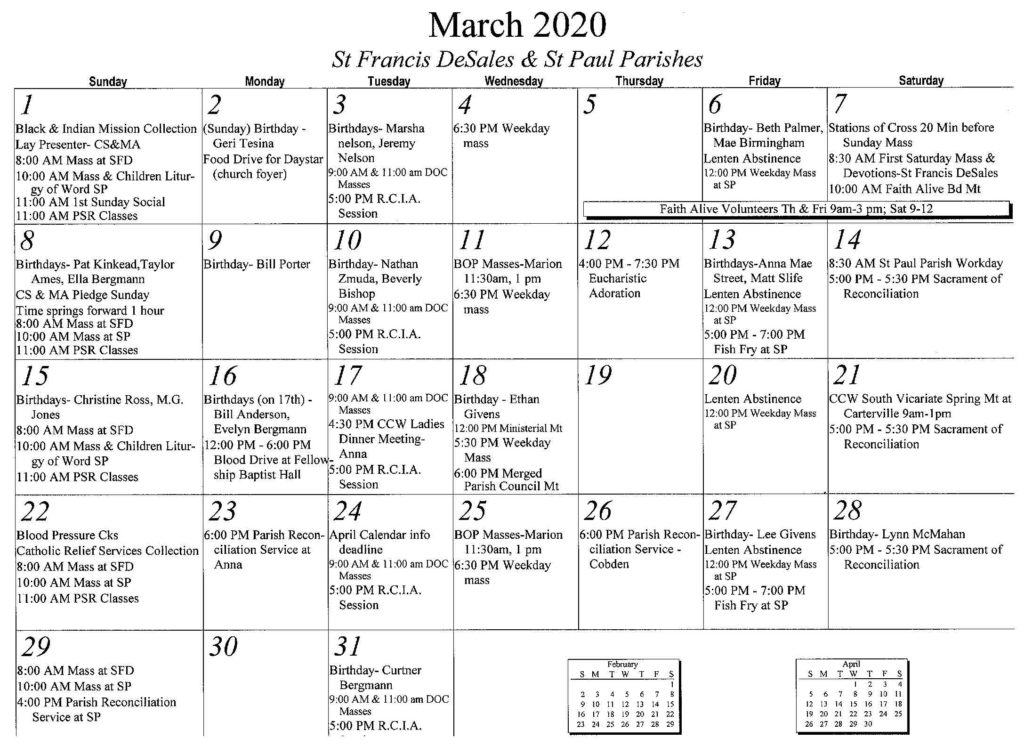 Calendar Saint Paul Catholic Church